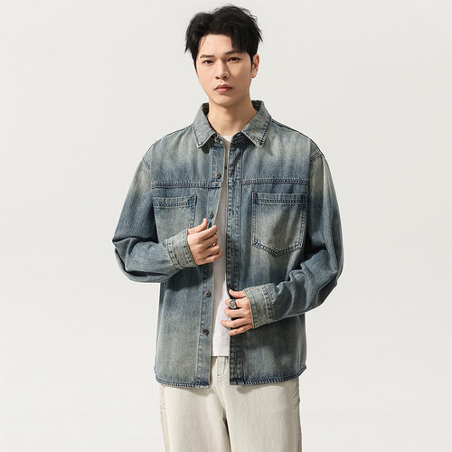 美式复古水洗做旧牛仔衬衫男2026春季新款宽松大码工装衬衣外套潮