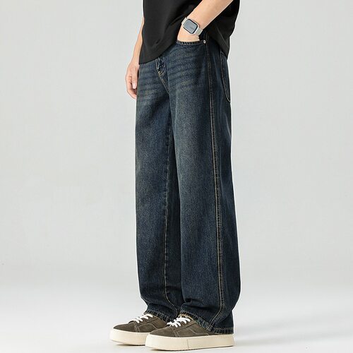 高端做旧男装秋季牛仔裤青少年宽松休闲百搭男生裤子jeans 直筒裤
