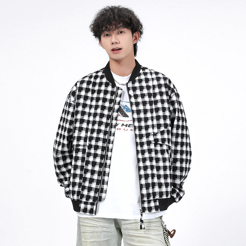 新款春秋格子夹克男士工装加肥大码外套男潮牌棒球服美式立领男装