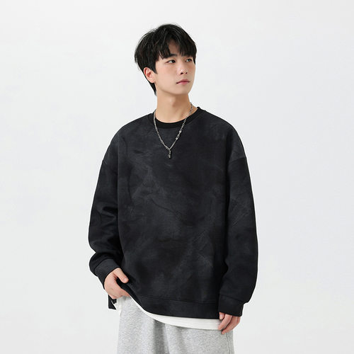 男士卫衣青少年男装美式潮牌扎染大理石纹理假两件外套