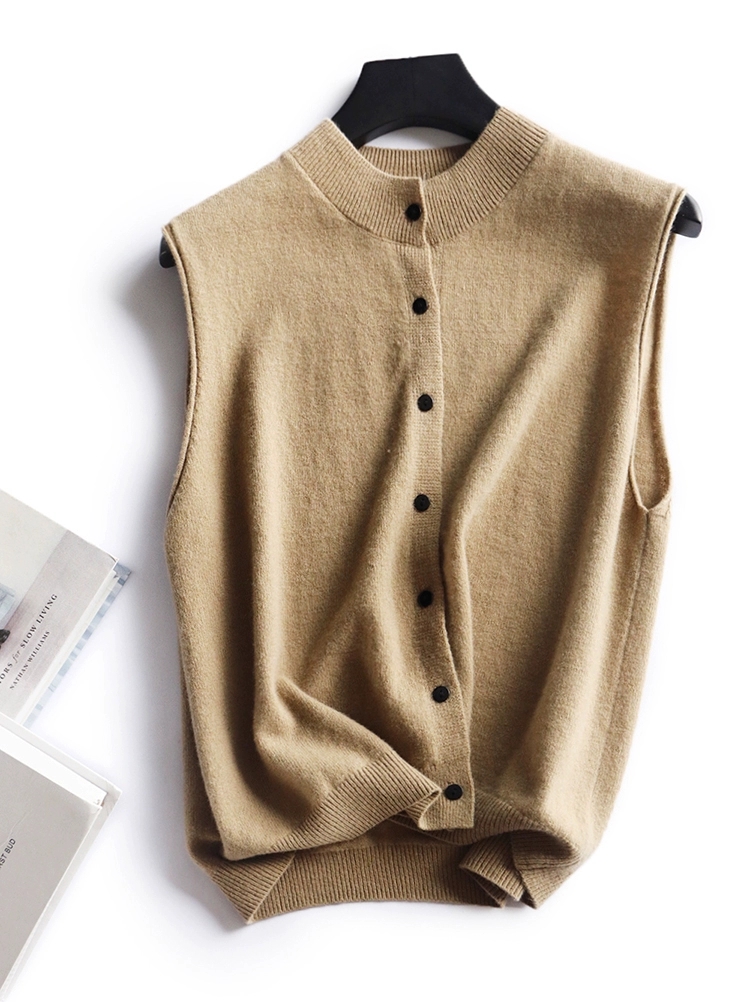 韩版纯色简约羊毛开衫马甲女无袖针织坎肩春秋时尚叠穿外搭打底衫