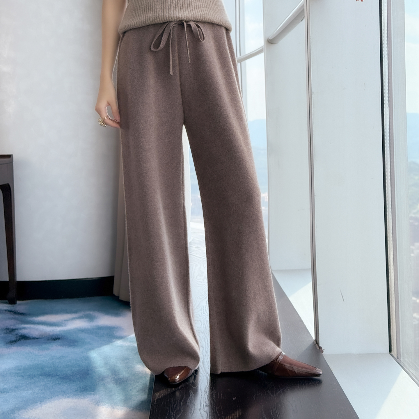 秋冬高级感澳洲纯羊毛针织阔腿裤女高腰加厚直筒裤时尚外穿羊毛裤