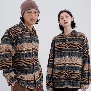 出差夏威夷24动物纹长袖毛呢衬衫外套复古慵懒感打底衫秋冬新款