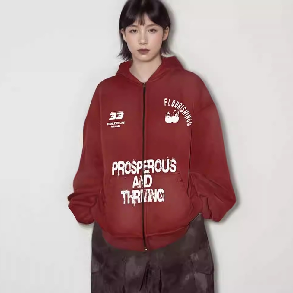 2025新款机车印花街头复古喷染洗水卫衣外套加绒加厚帽衫男女同款