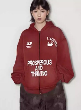 2025新款机车印花街头复古喷染洗水卫衣外套加绒加厚帽衫男女同款