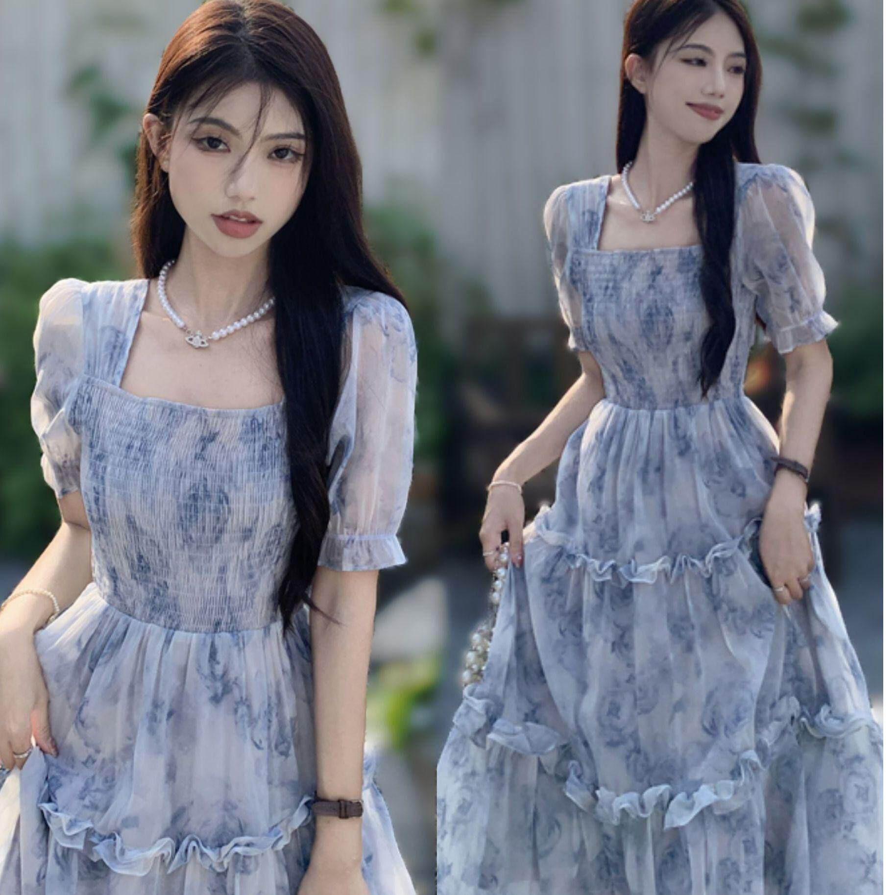 大码女装碎花连衣裙女夏季收腰显瘦裙子超仙森系温柔风设计感法式