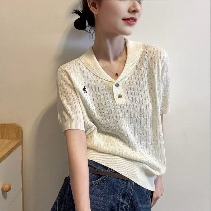 欧洲站2026春季新款欧货刺绣标睡袍领宽松百搭麻花纹亚麻针织衫女