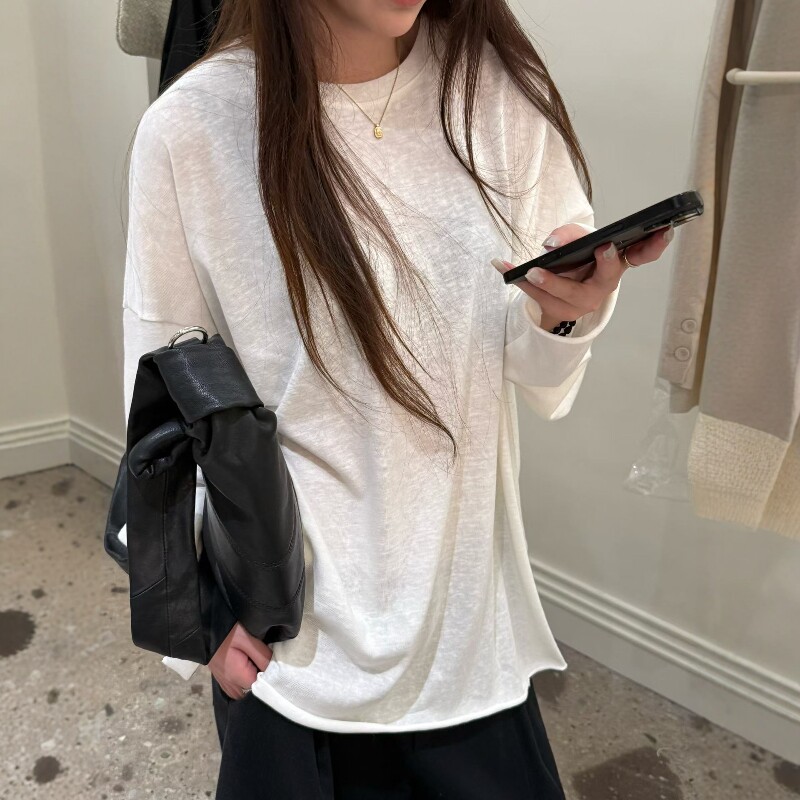 欧洲站2026早春新款欧货纯色袖口卷边宽松大板舒适纯棉长袖T恤女