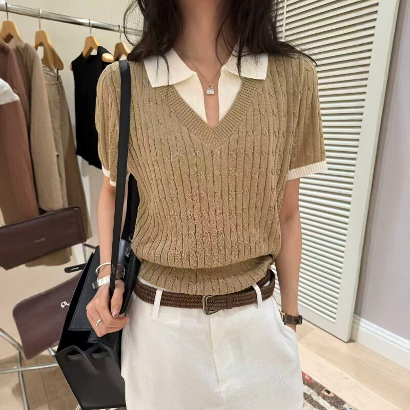 欧洲站2026春季新款欧货假两件polo领麻花纹短袖亚麻针织衫T恤女
