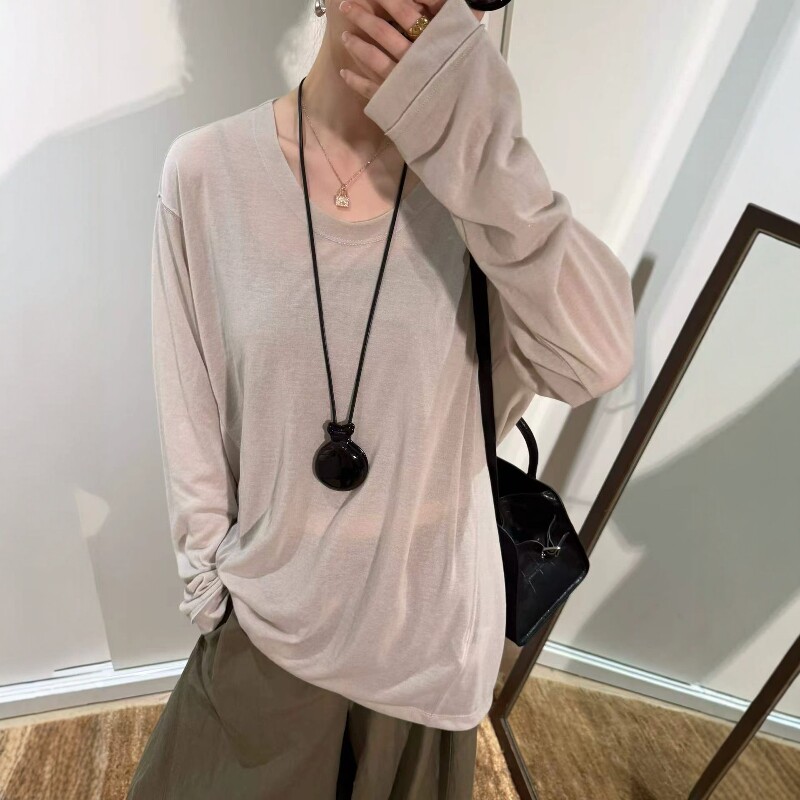 欧洲站2026夏季新款欧货简约纯色圆领宽松百搭长袖面膜T恤打底衫