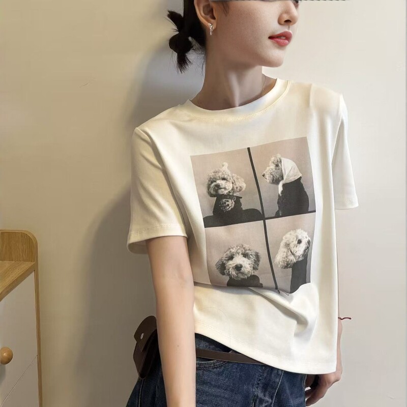 欧洲站2026夏季新款欧货卡通小狗图案百搭短袖小版T恤小个子上衣