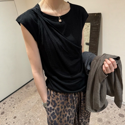 欧洲站2026夏季新款欧货高级感荡领斜肩露肩宽松无袖T恤气质上衣