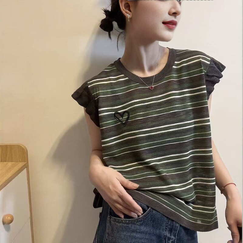 欧洲站2026夏季新欧货复古条纹爱心刺绣宽松显瘦减龄飞飞袖T恤女
