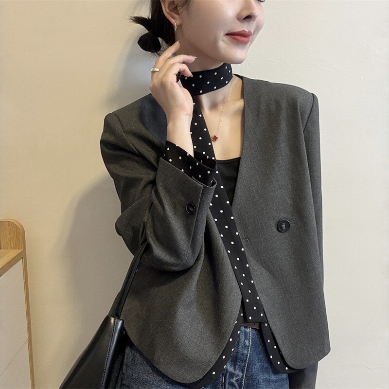 欧洲站2026春季新款欧货时尚波点配飘带无领休闲西装短外套上衣女