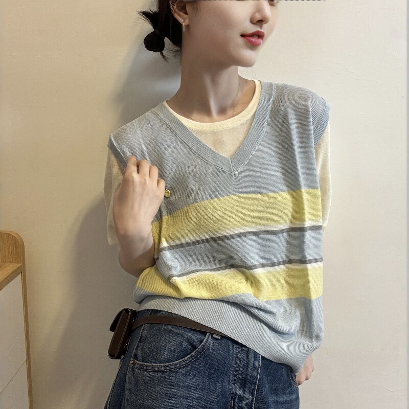 欧洲站2026春季新款欧货时尚金属小标撞色假两件休闲短袖针织衫女