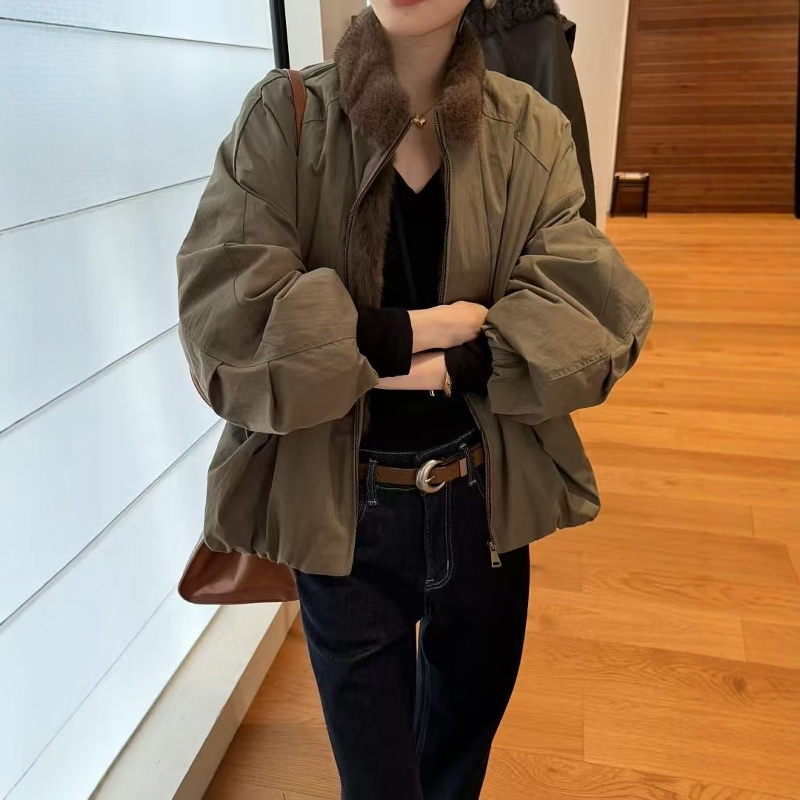 秋冬新款欧货高品质水貂立领内里卡兔毛宽松休闲派克服保暖短外套