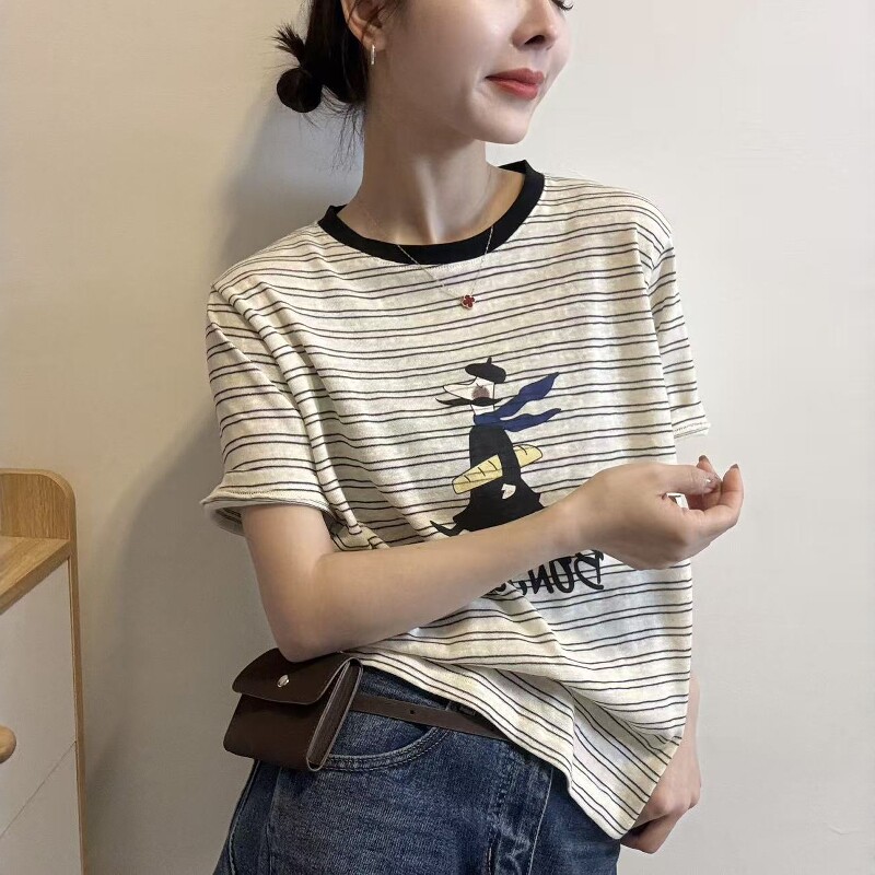 欧洲站2026春季新款欧货时尚卡通条纹宽松百搭显瘦短袖T恤上衣女