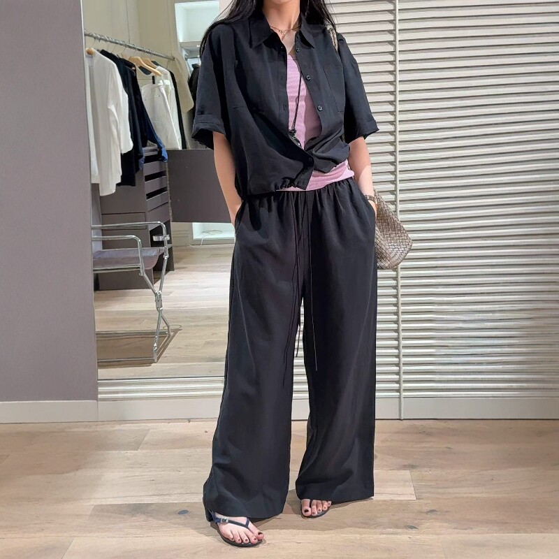 欧洲站2026夏季新款欧货简约风短袖衬衫+阔腿裤休闲两件套套装女