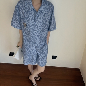 欧货时尚刺绣猫咪豹纹短袖上衣+高腰短裤睡衣套装舒适减龄家居服