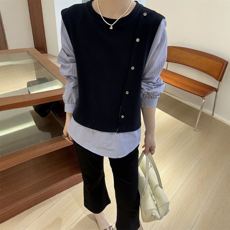 欧洲站2026春季新款欧货时尚拼接针织背心假两件长袖衬衫上衣女潮
