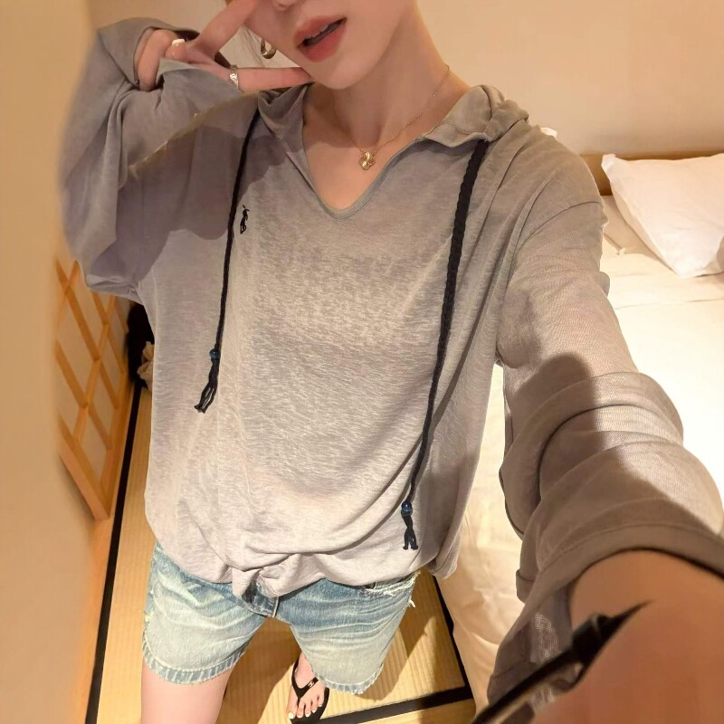 欧洲站2026夏季新欧货慵懒风刺绣连帽薄款宽松休闲防晒长袖T恤女