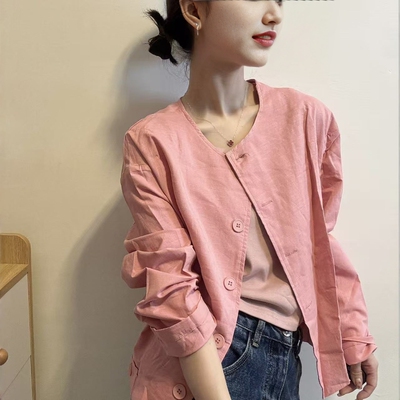 欧洲站2026春夏新款欧货时尚简约无领休闲宽松防晒衣短外套上衣女