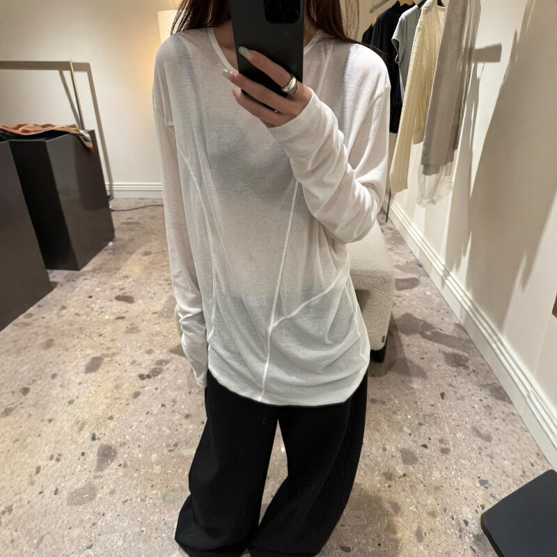 欧洲站2026春季新款欧货简约纯色宽松百搭大版长袖天丝T恤打底衫