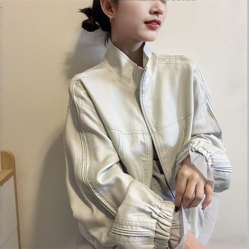 欧洲站2026早春新款欧货时尚袖口拼网纱立领宽松假两件夹克短外套