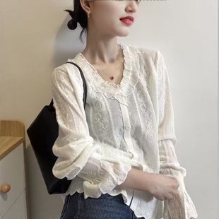 欧洲站2026春季新款欧货洋气喇叭袖蕾丝花边领钩花减龄针织开衫女