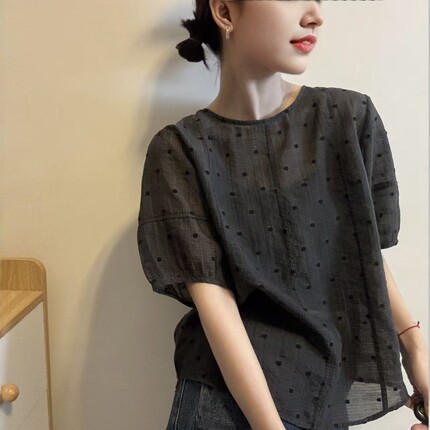 欧洲站2026夏季新款欧货时尚波点圆领套头宽松减龄泡泡袖小衫女薄