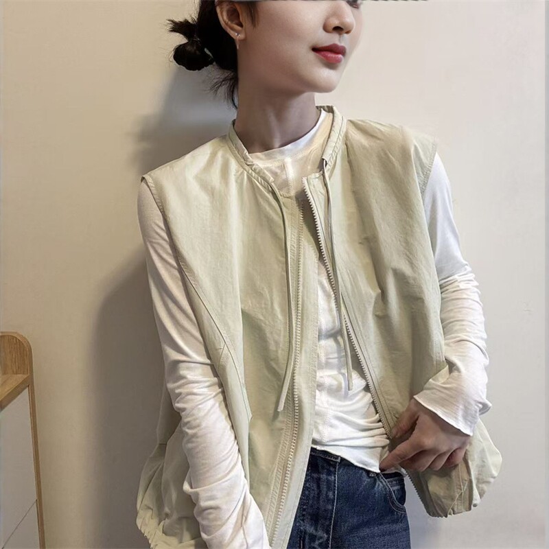 欧洲站2026春季新款欧货时尚领口飘带无袖休闲百搭马甲短外套女