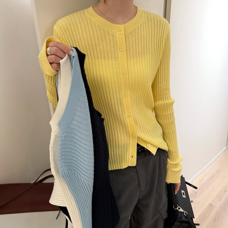 欧洲站2026春季新款欧货简约纯色宽松百搭长袖冰丝针织开衫打底衫