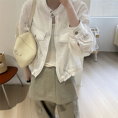 欧洲站2026春季新款欧货明线设计立领抽绳100亚麻休闲夹克短外套