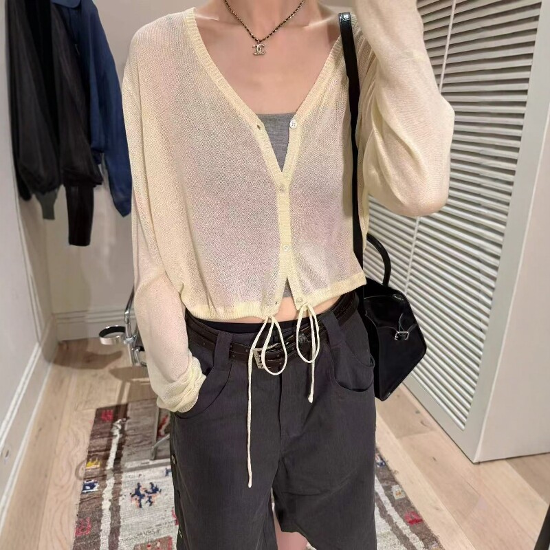 欧洲站2026夏季新欧货糖果色下摆抽绳V领亚麻针织开衫防晒罩衫薄