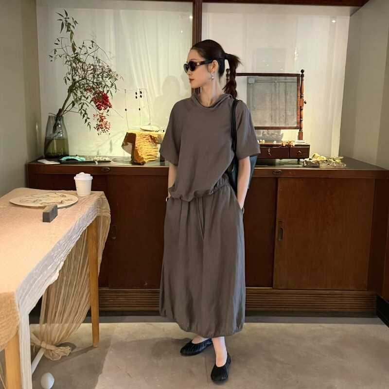 欧洲站2026夏季新款欧货慵懒风连帽收腰上衣气质半身裙休闲套装女