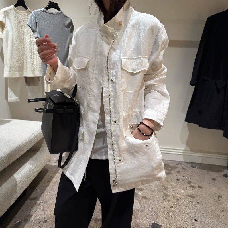 欧洲站2026春季新款欧货老钱风简约宽松立领拉链棉麻休闲风衣外套