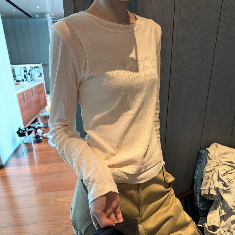 欧洲站2026春季新款欧货简约字母印花假两件套头羊毛T恤打底衫女