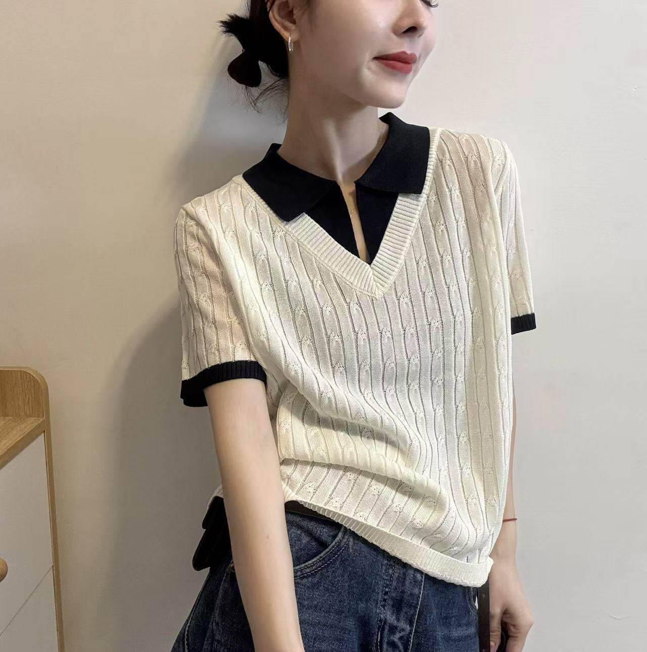 欧洲站2026春季新款欧货设计感假两件Polo领宽松短袖亚麻针织衫女