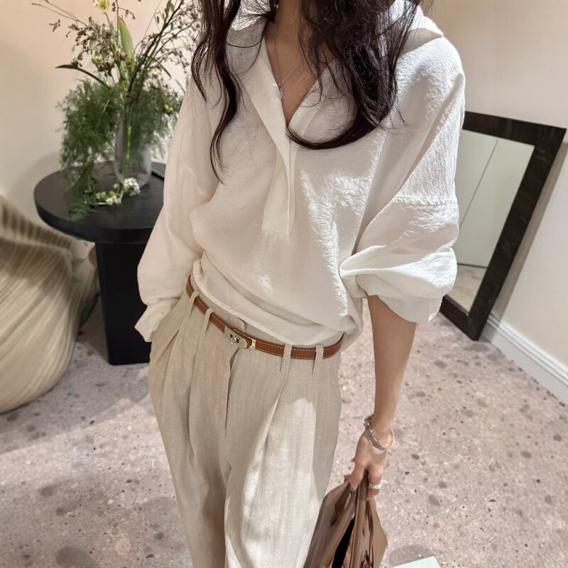 欧洲站2026春季新款欧货通勤风白色POLO领宽松长袖衬衫气质上衣女