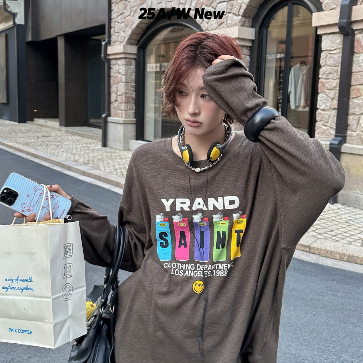 FISH YU 上新美式复古彩色打火机字母印花宽松圆领长袖T恤25639
