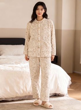 睡衣女冬季珊瑚绒加绒加厚长袖冬款法兰大码家居服保暖套装Y196