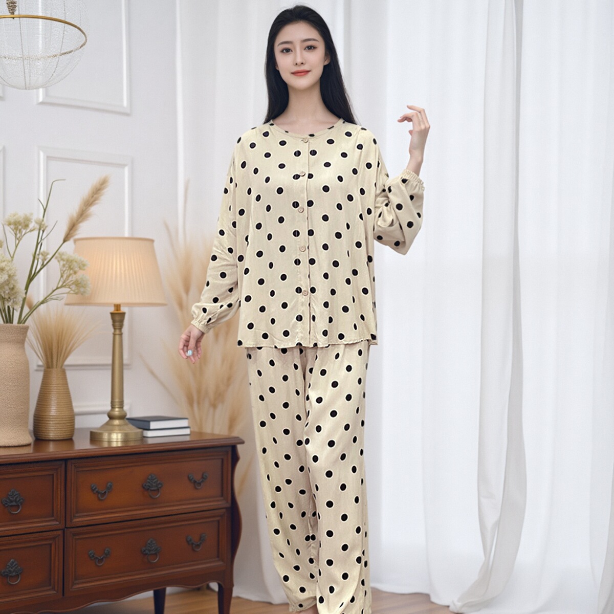 新款棉绸睡衣女春夏薄款圆领开衫大码可外穿休闲家居服套装(Y105)