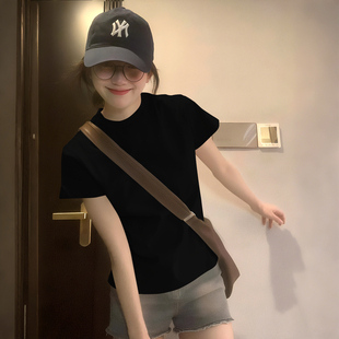 黑色t恤女显瘦宽松休闲纯棉短袖 正肩上衣夏 体恤衫 ins潮学生基础款