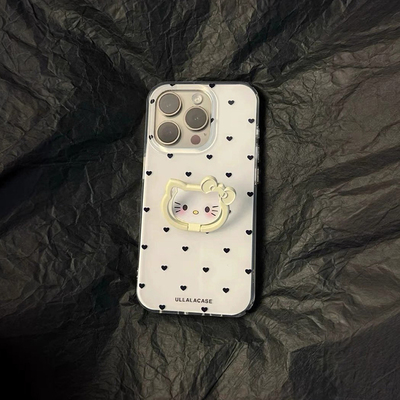满屏爱心猫咪支架适用苹果16Pro手机壳15/14plus大孔iPhone13/12promax亮面11pro软萌XR可爱7/8plus全包16E女