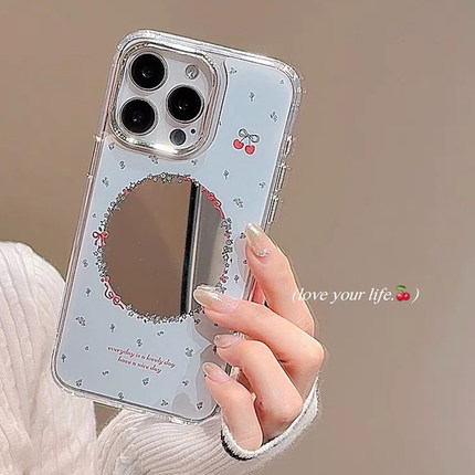 镜面碎花樱桃适用K80红米K70小米15/14手机壳K60补妆镜子NOTE13全包12T防摔40/50PRO创意11青春版10/TURBO3女