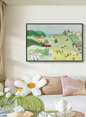 乡村田园客厅装饰画高级感沙发背景墙挂画高级感横版大幅肌理壁画