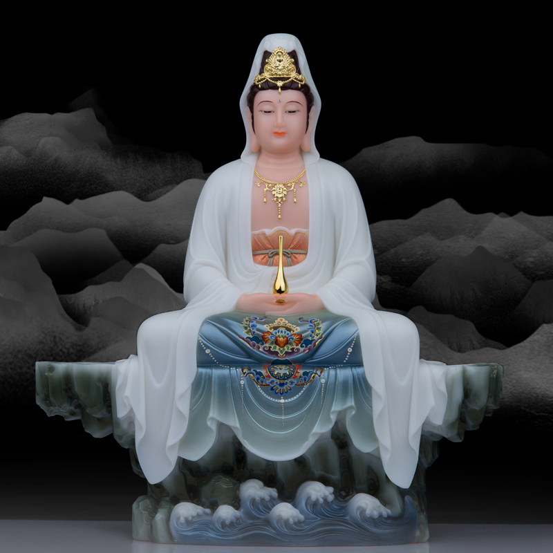 汉白玉坐山观音菩萨静思观影佛像观世音娘娘现代居家工艺品摆件
