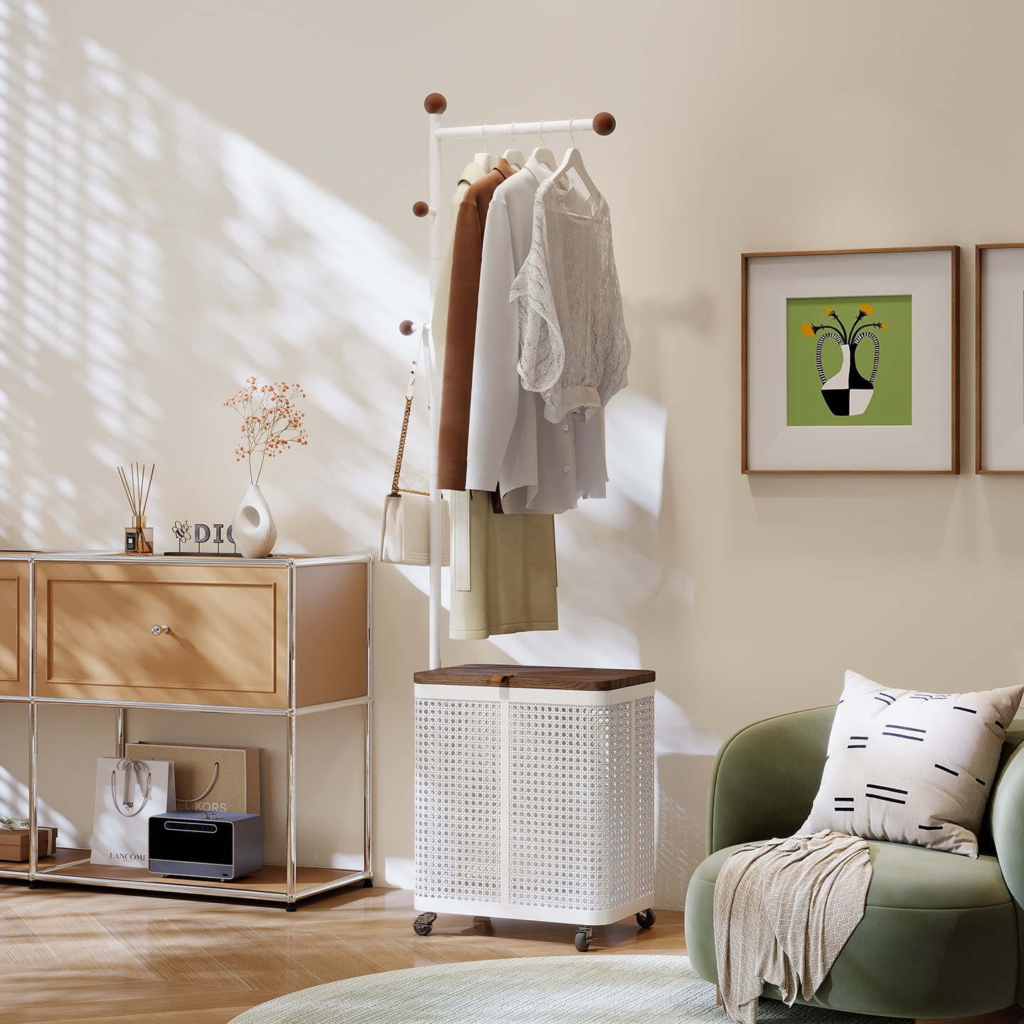 衣帽架落地卧室奶油风挂衣架家用客厅收纳架可移动轻奢衣架置物架