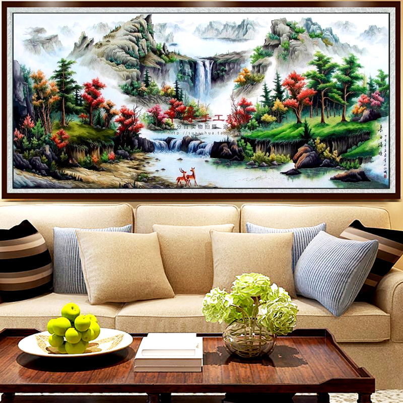 苏绣刺绣手工精品大幅山水风景画长白盛境青山绿彩长白山景色小鹿图片