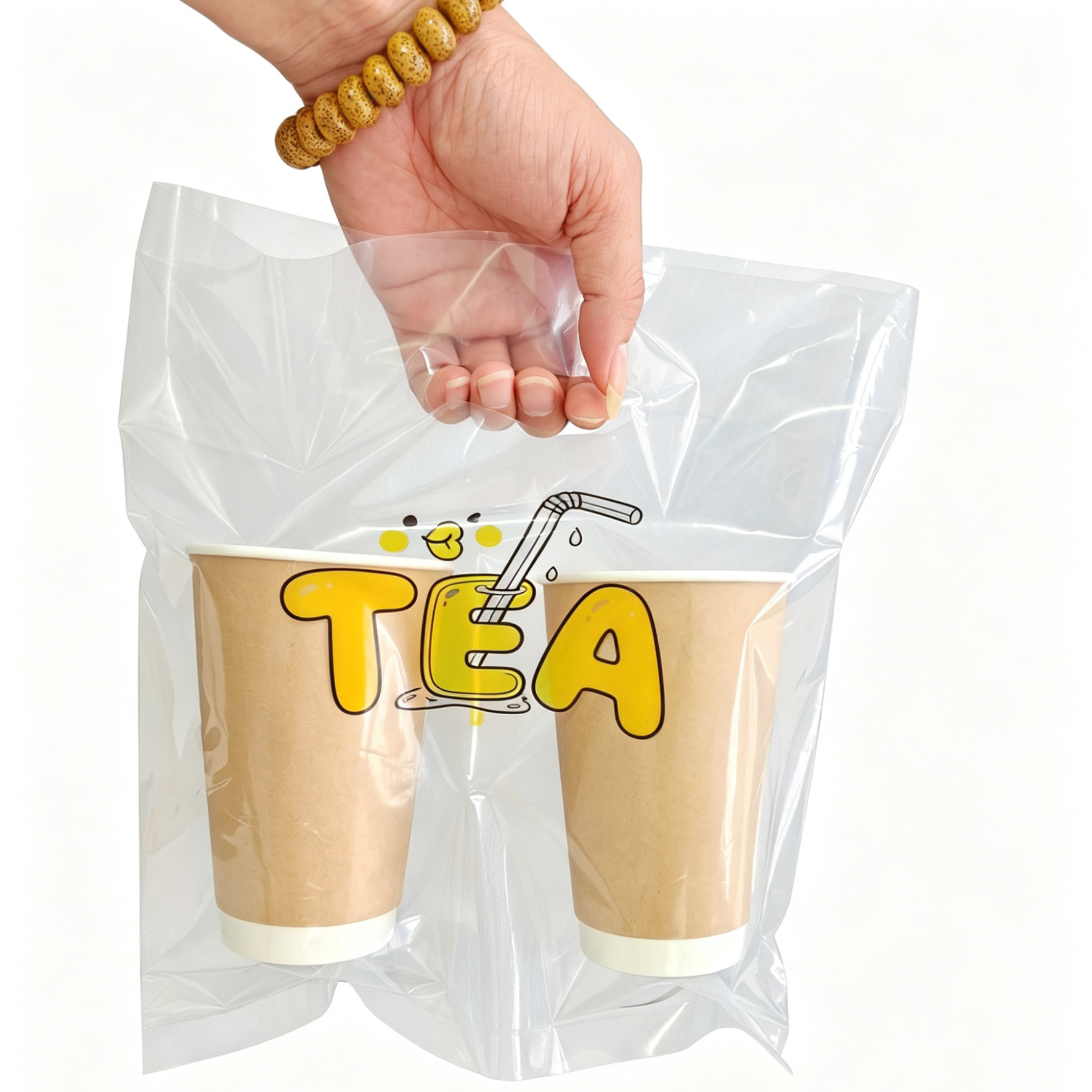 卡通风PE透明塑料袋咖啡奶茶打包袋手提式可定制高透外卖打包袋图片